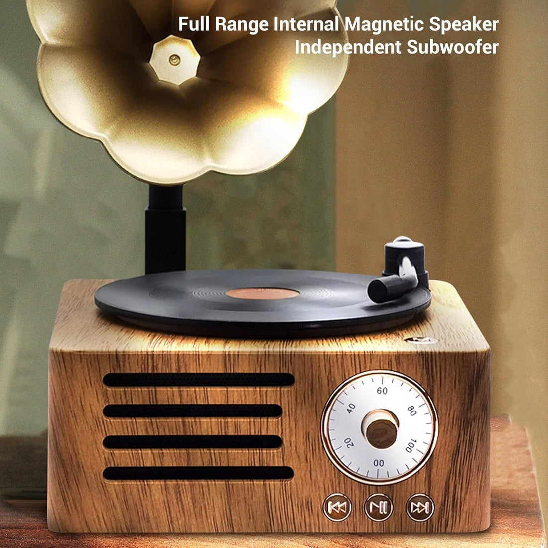 Retro Bluetooth Speaker, 3 in 1 Aux and Radio Vintage Gramophone Phonograph Turntable Record Player with Copper Horn, Stereo Speakers for Office Desk Decor