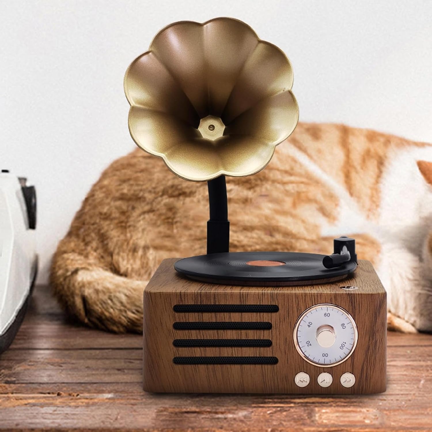 Retro Bluetooth Speaker, 3 in 1 Aux and Radio Vintage Gramophone Phonograph Turntable Record Player with Copper Horn, Stereo Speakers for Office Desk Decor