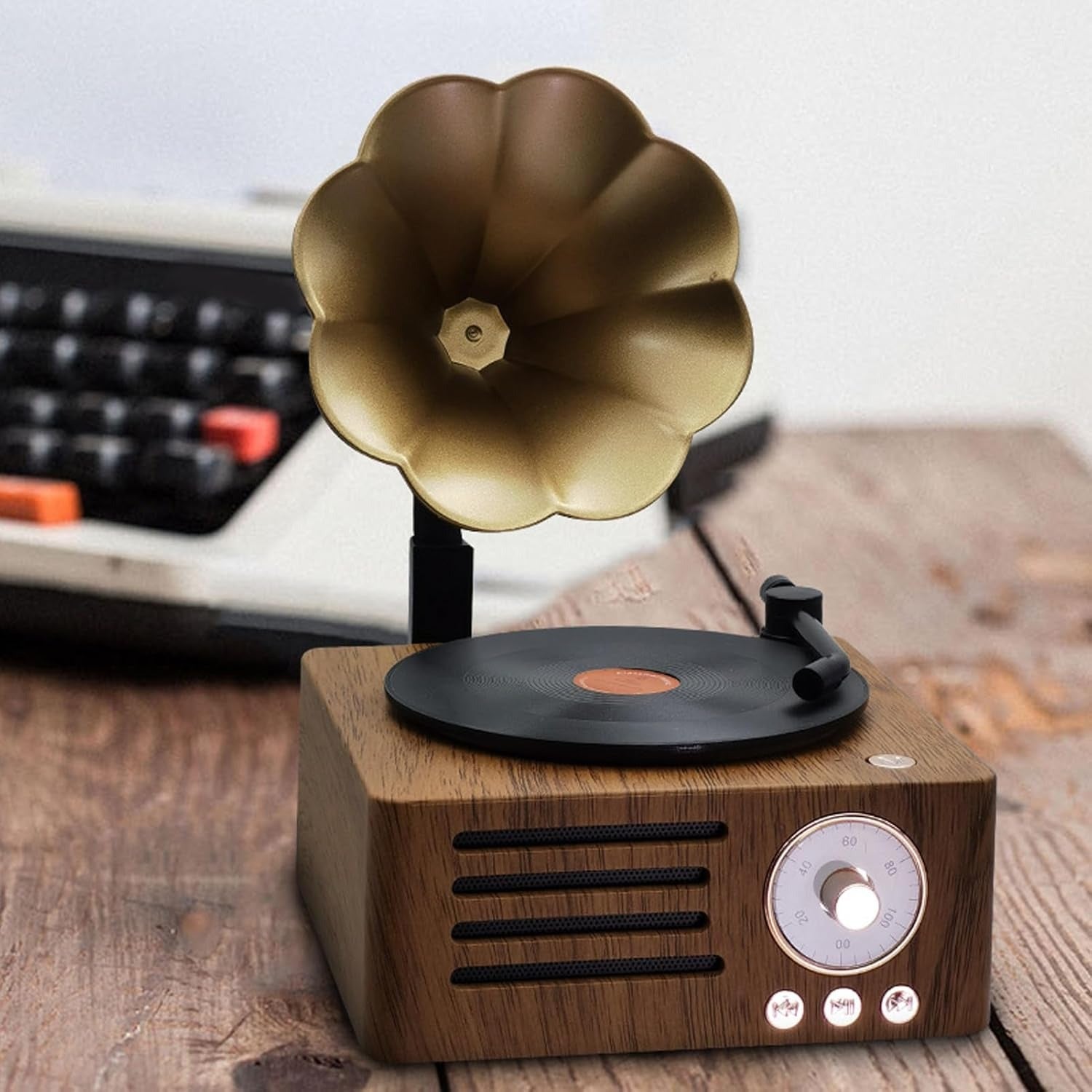 Retro Bluetooth Speaker, 3 in 1 Aux and Radio Vintage Gramophone Phonograph Turntable Record Player with Copper Horn, Stereo Speakers for Office Desk Decor