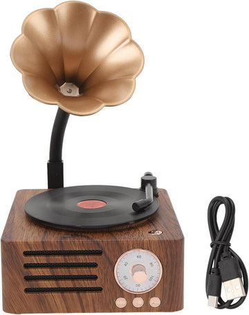 Retro Bluetooth Speaker, 3 in 1 Aux and Radio Vintage Gramophone Phonograph Turntable Record Player with Copper Horn, Stereo Speakers for Office Desk Decor