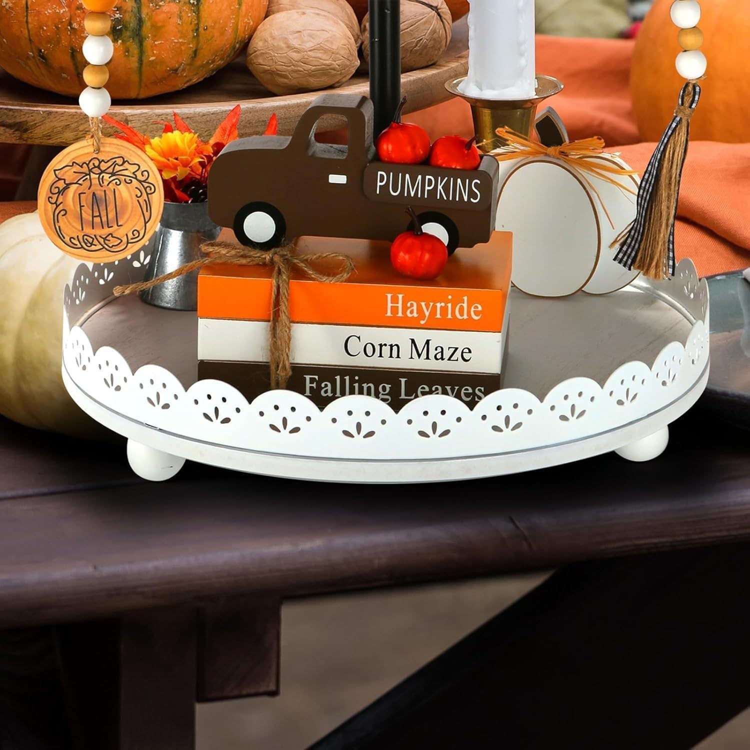 Thanksgiving Tiered Tray Decor: 3D Stacked Books and Car Ornament – Autumn Harvest Party Decoration with Faux Pumpkin Craft