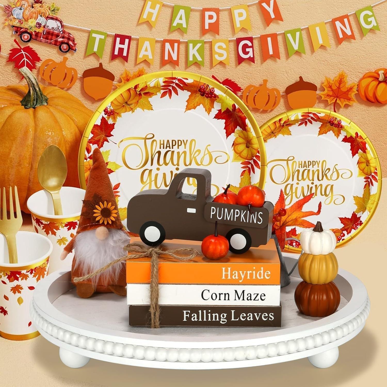 Thanksgiving Tiered Tray Decor: 3D Stacked Books and Car Ornament – Autumn Harvest Party Decoration with Faux Pumpkin Craft