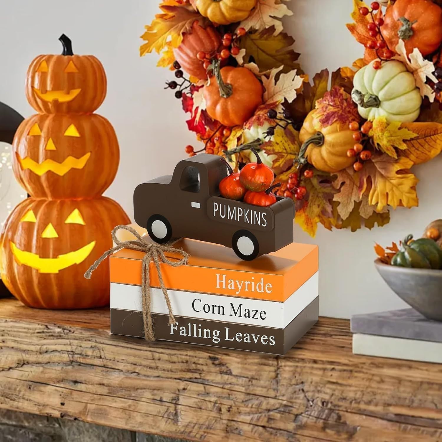 Thanksgiving Tiered Tray Decor: 3D Stacked Books and Car Ornament – Autumn Harvest Party Decoration with Faux Pumpkin Craft