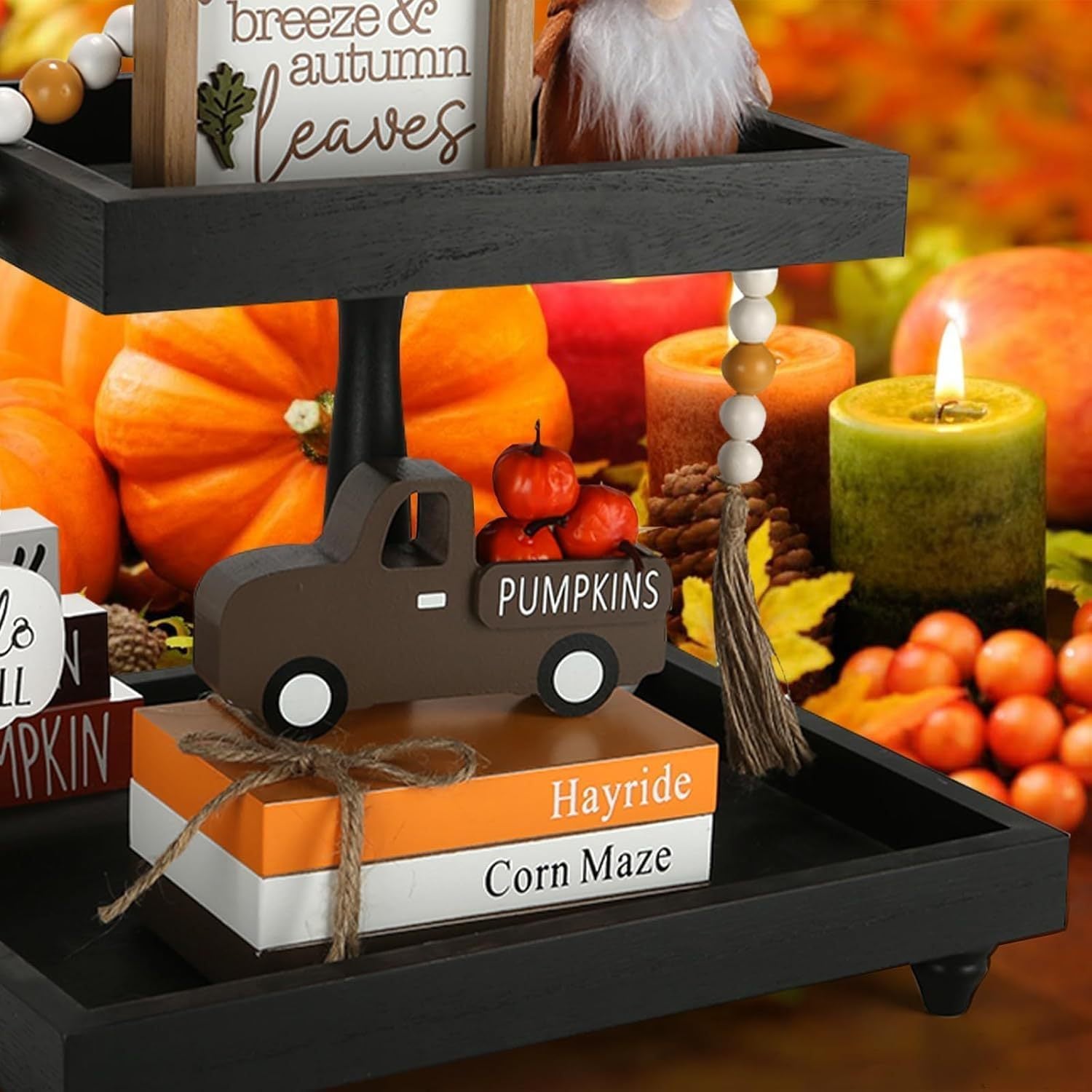 Thanksgiving Tiered Tray Decor: 3D Stacked Books and Car Ornament – Autumn Harvest Party Decoration with Faux Pumpkin Craft