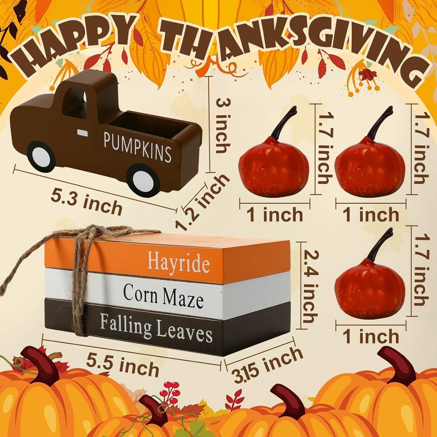 Thanksgiving Tiered Tray Decor: 3D Stacked Books and Car Ornament – Autumn Harvest Party Decoration with Faux Pumpkin Craft
