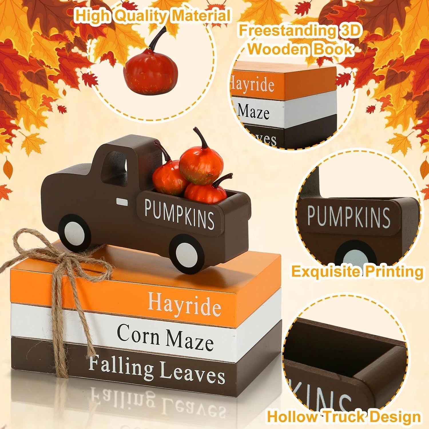 Thanksgiving Tiered Tray Decor: 3D Stacked Books and Car Ornament – Autumn Harvest Party Decoration with Faux Pumpkin Craft