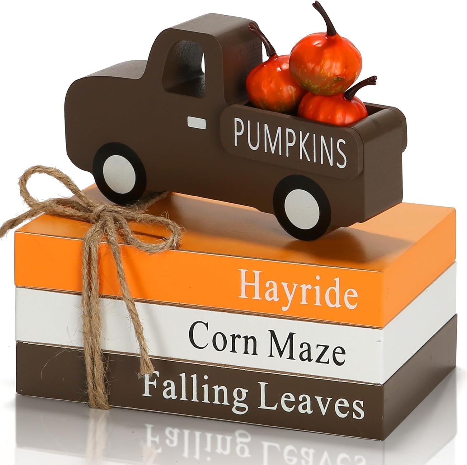 Thanksgiving Tiered Tray Decor: 3D Stacked Books and Car Ornament – Autumn Harvest Party Decoration with Faux Pumpkin Craft