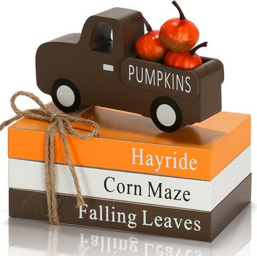 Thanksgiving Tiered Tray Decor: 3D Stacked Books and Car Ornament – Autumn Harvest Party Decoration with Faux Pumpkin Craft