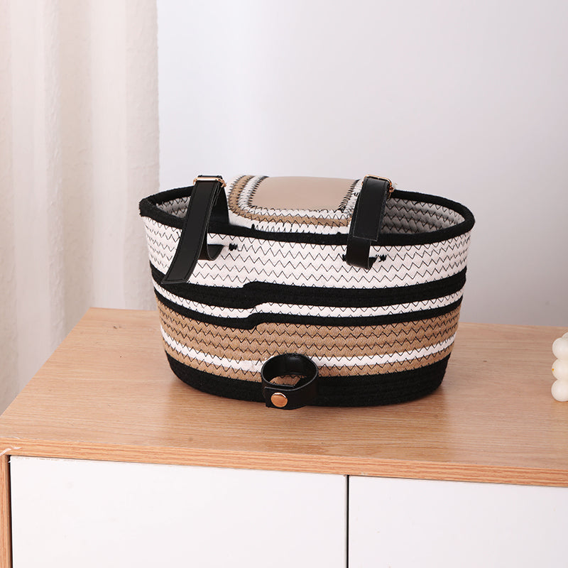 11.6x7.3x6.5 Inch Cotton Rope Bicycle Basket, Braided Front Bike Basket With Pu Leather Straps, Best Storage Basket Gift For Boys And Girls, Suitable for Stationary Bicycles