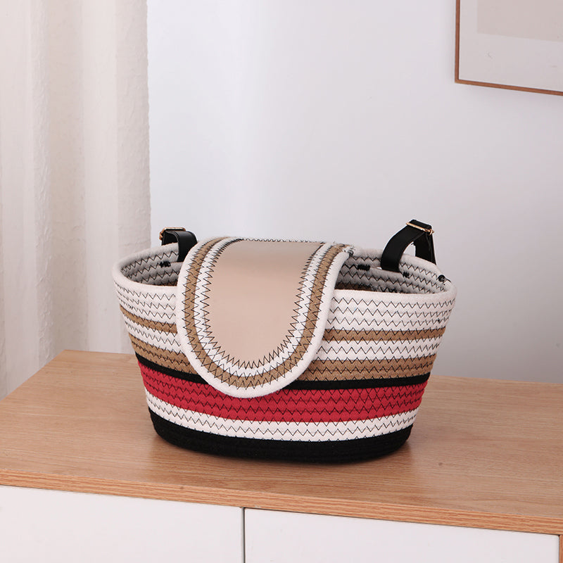 11.6x7.3x6.5 Inch Cotton Rope Bicycle Basket, Braided Front Bike Basket With Pu Leather Straps, Best Storage Basket Gift For Boys And Girls, Suitable for Stationary Bicycles