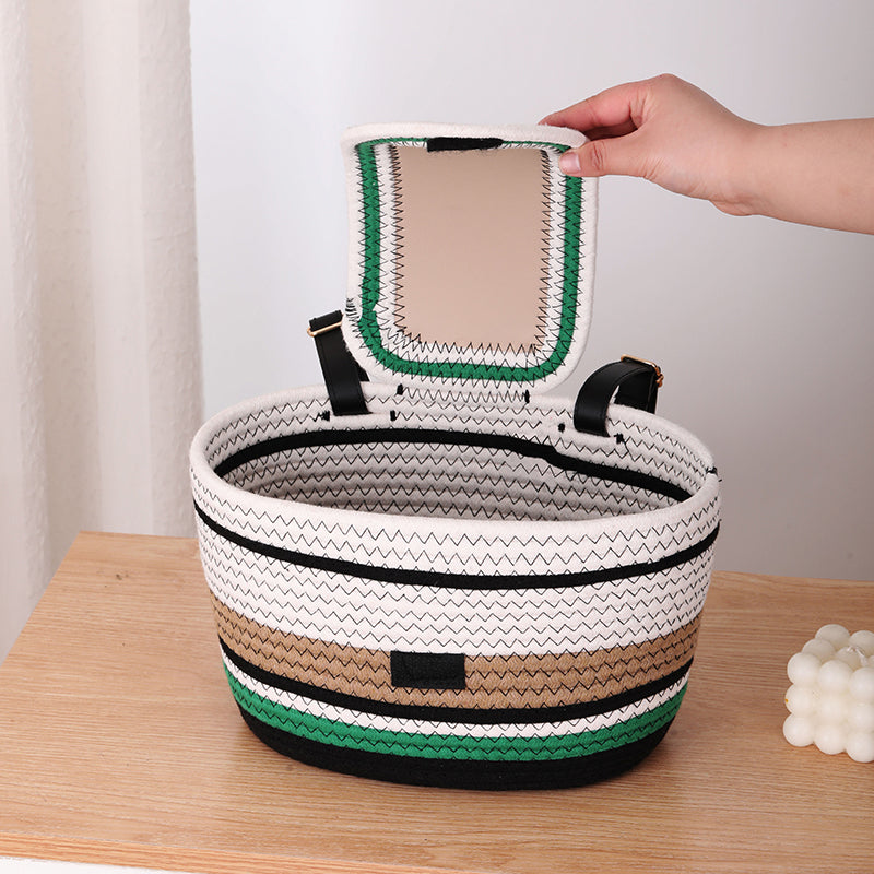 11.6x7.3x6.5 Inch Cotton Rope Bicycle Basket, Braided Front Bike Basket With Pu Leather Straps, Best Storage Basket Gift For Boys And Girls, Suitable for Stationary Bicycles