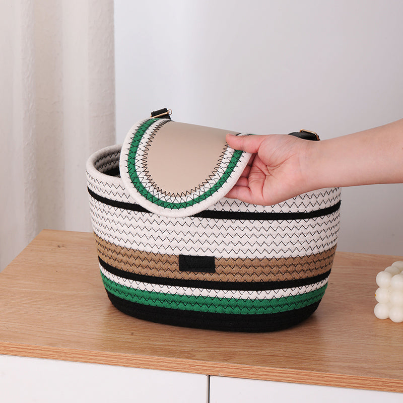 11.6x7.3x6.5 Inch Cotton Rope Bicycle Basket, Braided Front Bike Basket With Pu Leather Straps, Best Storage Basket Gift For Boys And Girls, Suitable for Stationary Bicycles