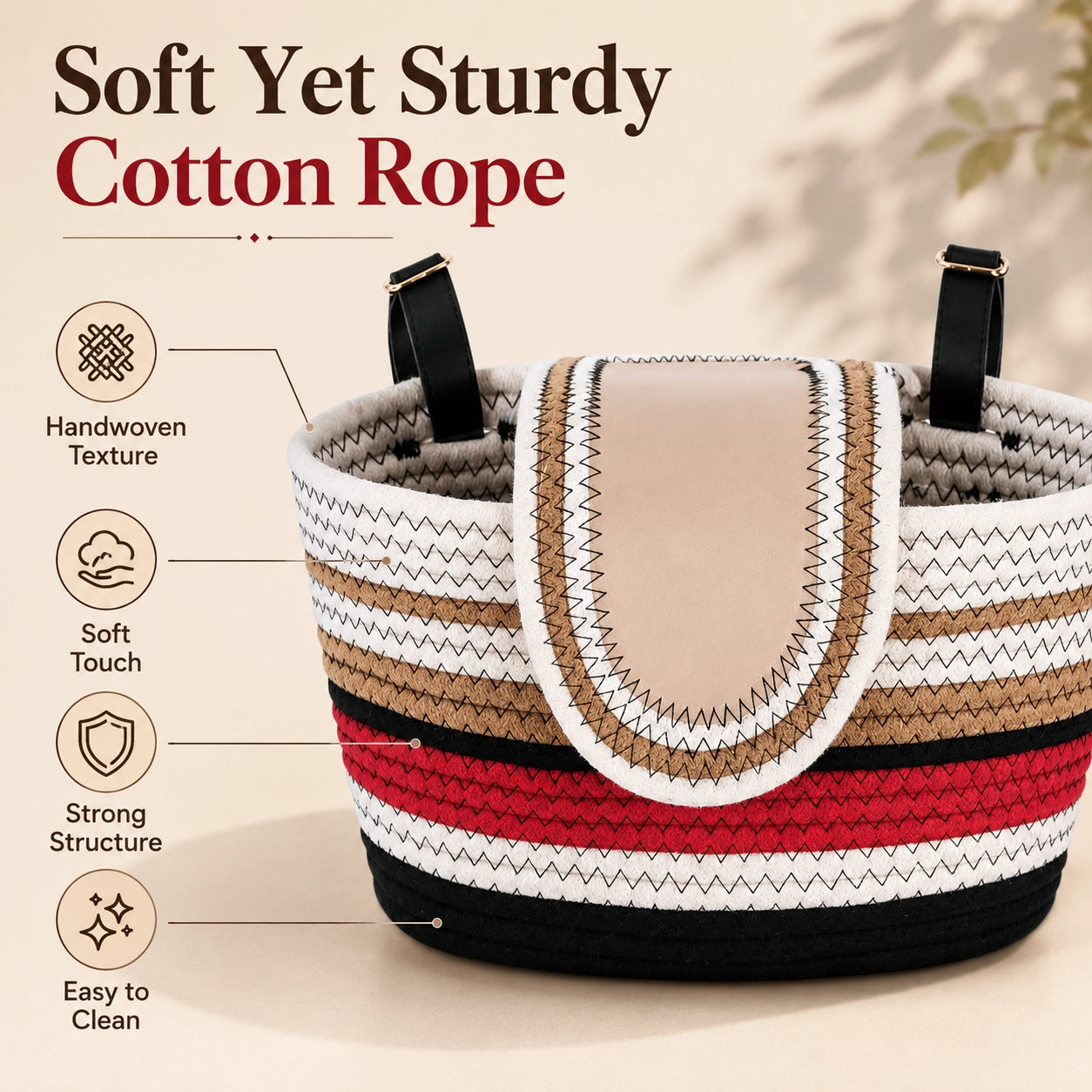11.6x7.3x6.5 Inch Cotton Rope Bicycle Basket, Braided Front Bike Basket With Pu Leather Straps, Best Storage Basket Gift For Boys And Girls, Suitable for Stationary Bicycles