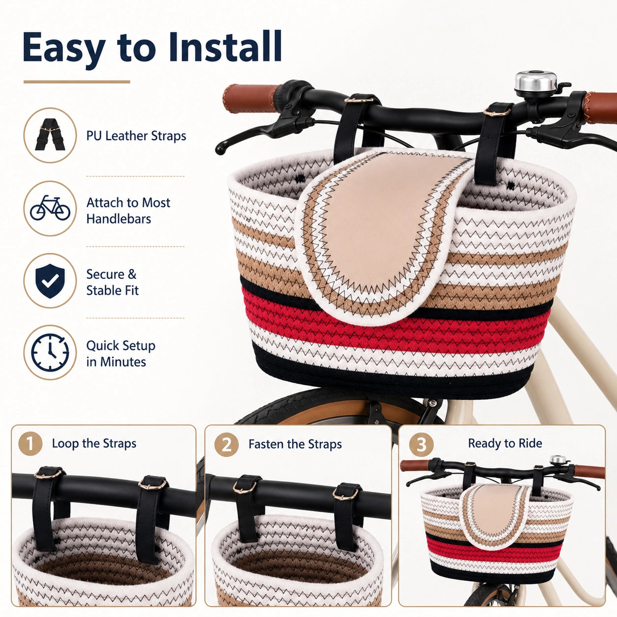 11.6x7.3x6.5 Inch Cotton Rope Bicycle Basket, Braided Front Bike Basket With Pu Leather Straps, Best Storage Basket Gift For Boys And Girls, Suitable for Stationary Bicycles