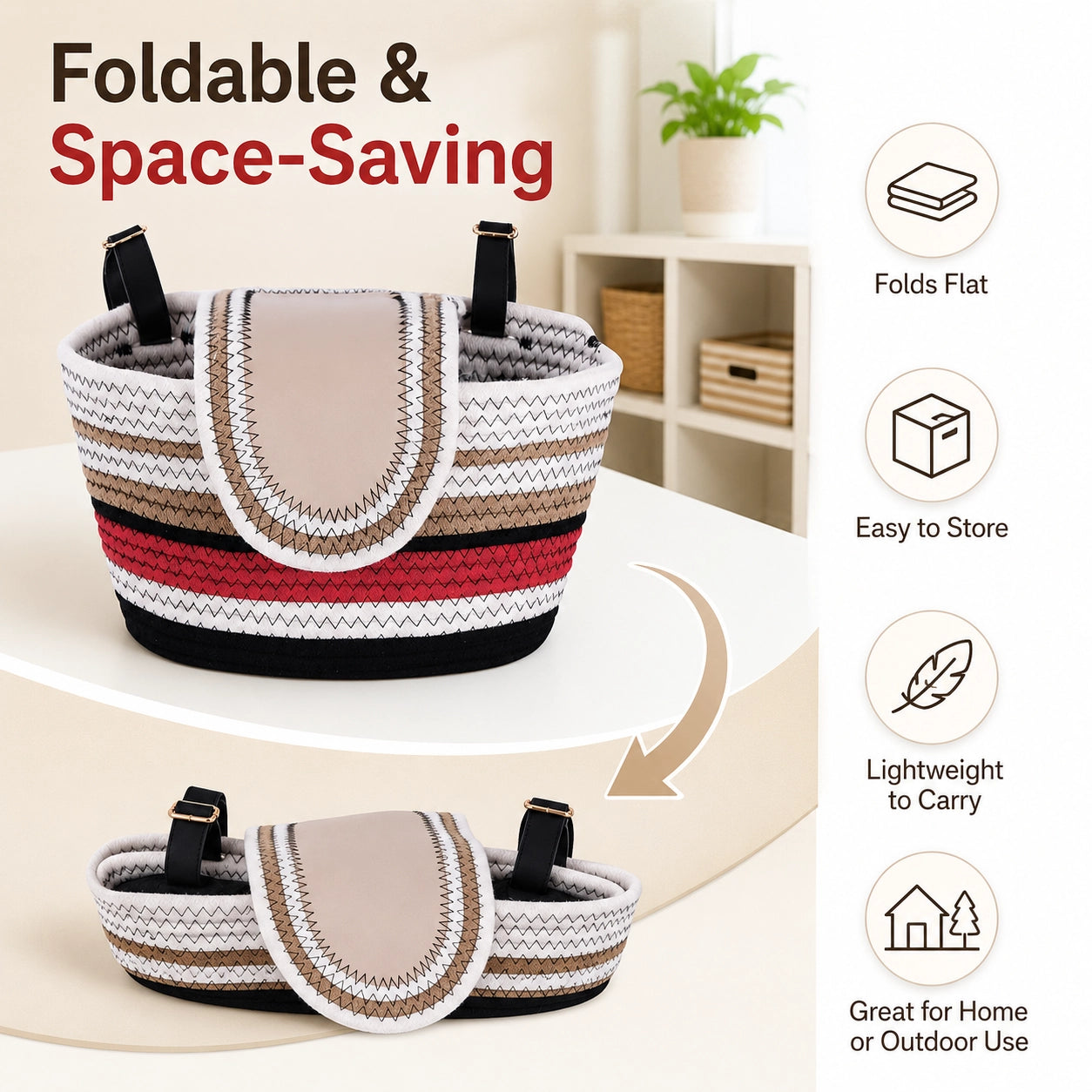 11.6x7.3x6.5 Inch Cotton Rope Bicycle Basket, Braided Front Bike Basket With Pu Leather Straps, Best Storage Basket Gift For Boys And Girls, Suitable for Stationary Bicycles