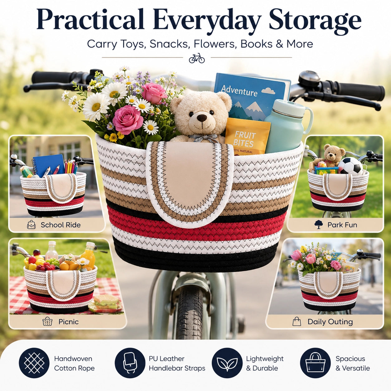 11.6x7.3x6.5 Inch Cotton Rope Bicycle Basket, Braided Front Bike Basket With Pu Leather Straps, Best Storage Basket Gift For Boys And Girls, Suitable for Stationary Bicycles