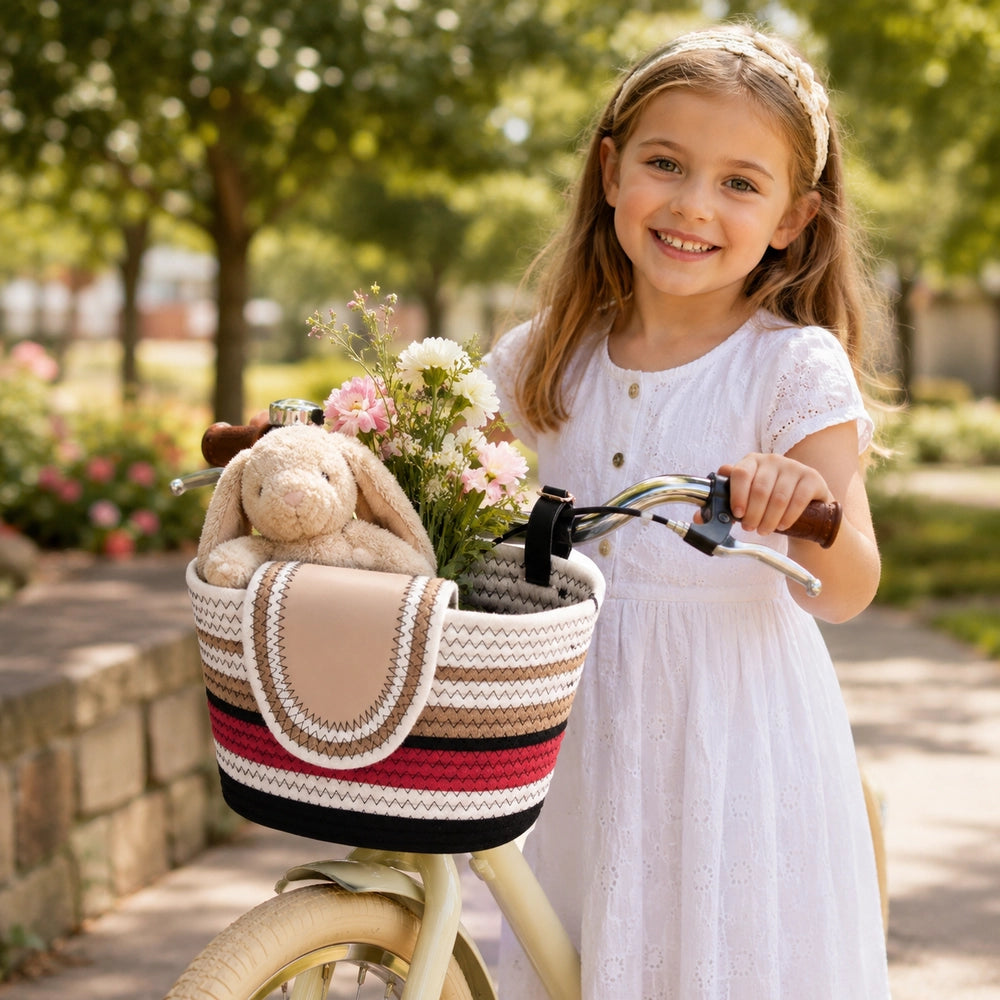 11.6x7.3x6.5 Inch Cotton Rope Bicycle Basket, Braided Front Bike Basket With Pu Leather Straps, Best Storage Basket Gift For Boys And Girls, Suitable for Stationary Bicycles