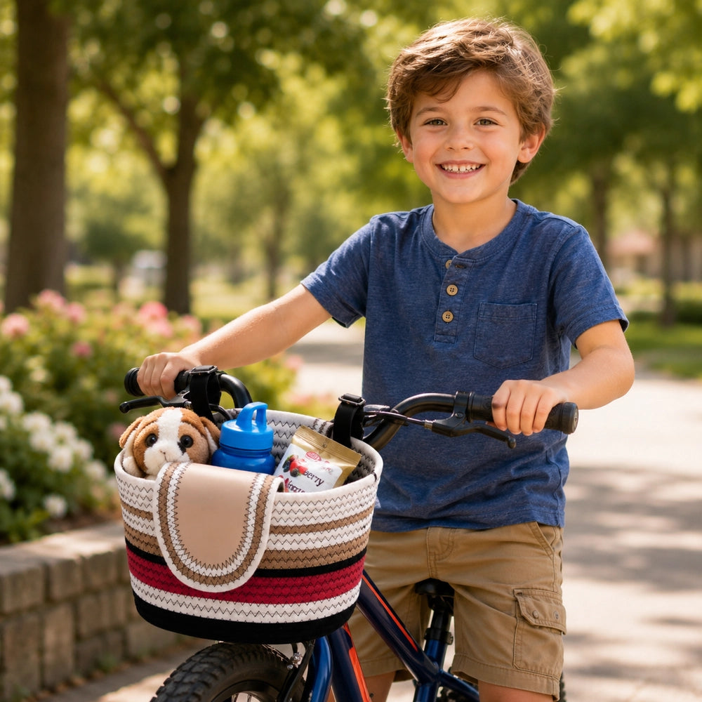 11.6x7.3x6.5 Inch Cotton Rope Bicycle Basket, Braided Front Bike Basket With Pu Leather Straps, Best Storage Basket Gift For Boys And Girls, Suitable for Stationary Bicycles
