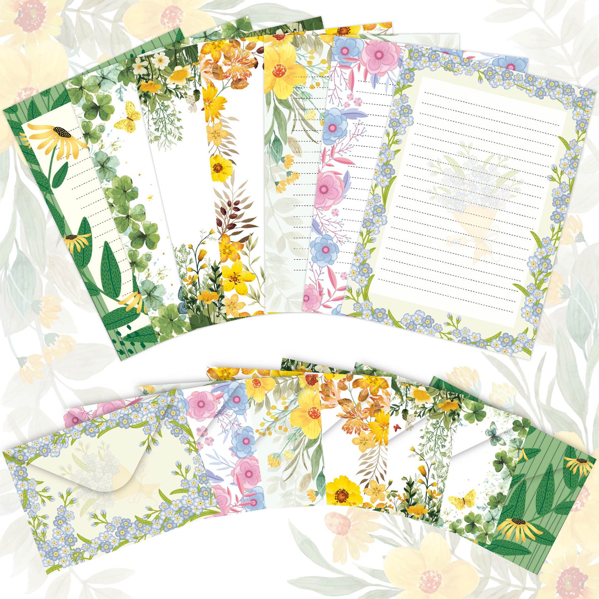 Vintage Floral Letter Writing Paper and Envelopes Set – 10pcs/Set(5 Papers + 5 Envelopes), 14 Styles Optional