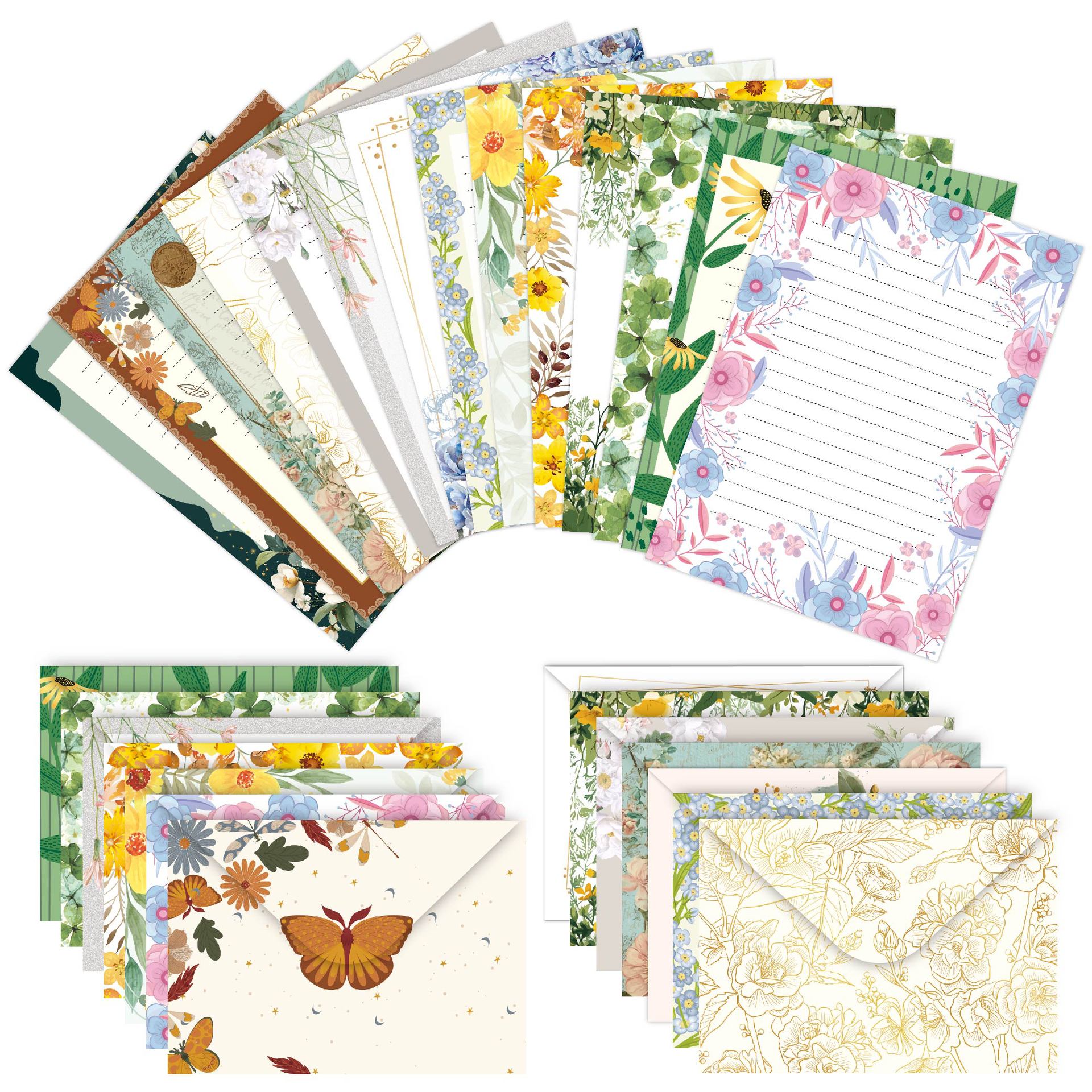 Vintage Floral Letter Writing Paper and Envelopes Set – 10pcs/Set(5 Papers + 5 Envelopes), 14 Styles Optional