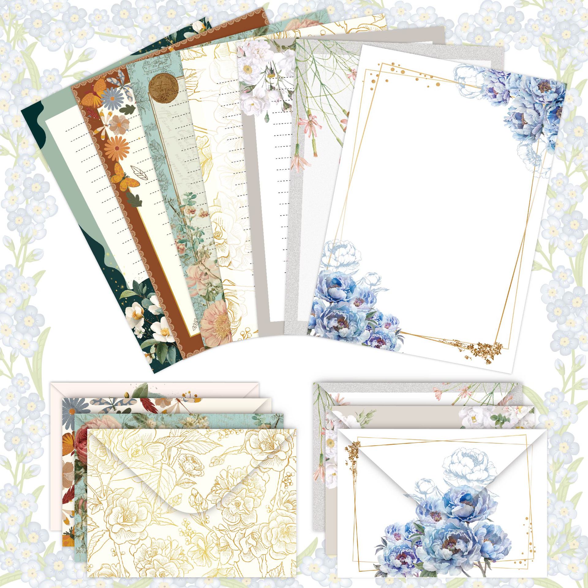 Vintage Floral Letter Writing Paper and Envelopes Set – 10pcs/Set(5 Papers + 5 Envelopes), 14 Styles Optional