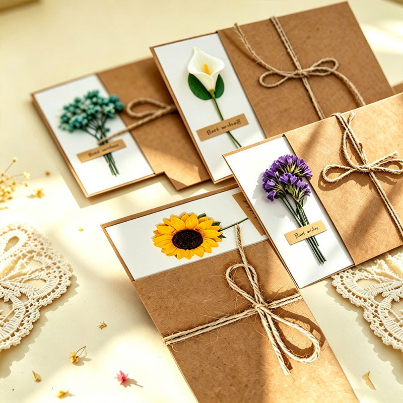 Handmade Preserved Flower Vintage Kraft Greeting Card