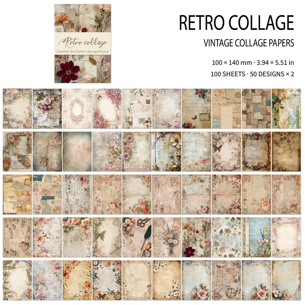 Vintage Scrapbook Paper 100 Sheets/Pack – 6 Styles Decorative Background Paper