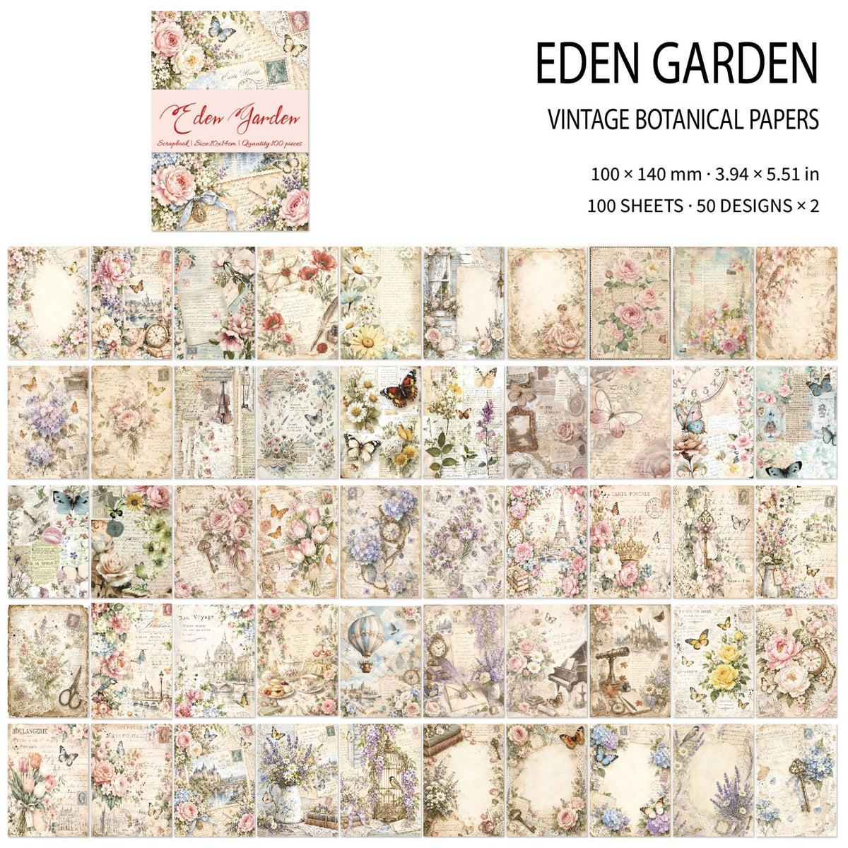 Vintage Scrapbook Paper 100 Sheets/Pack – 6 Styles Decorative Background Paper