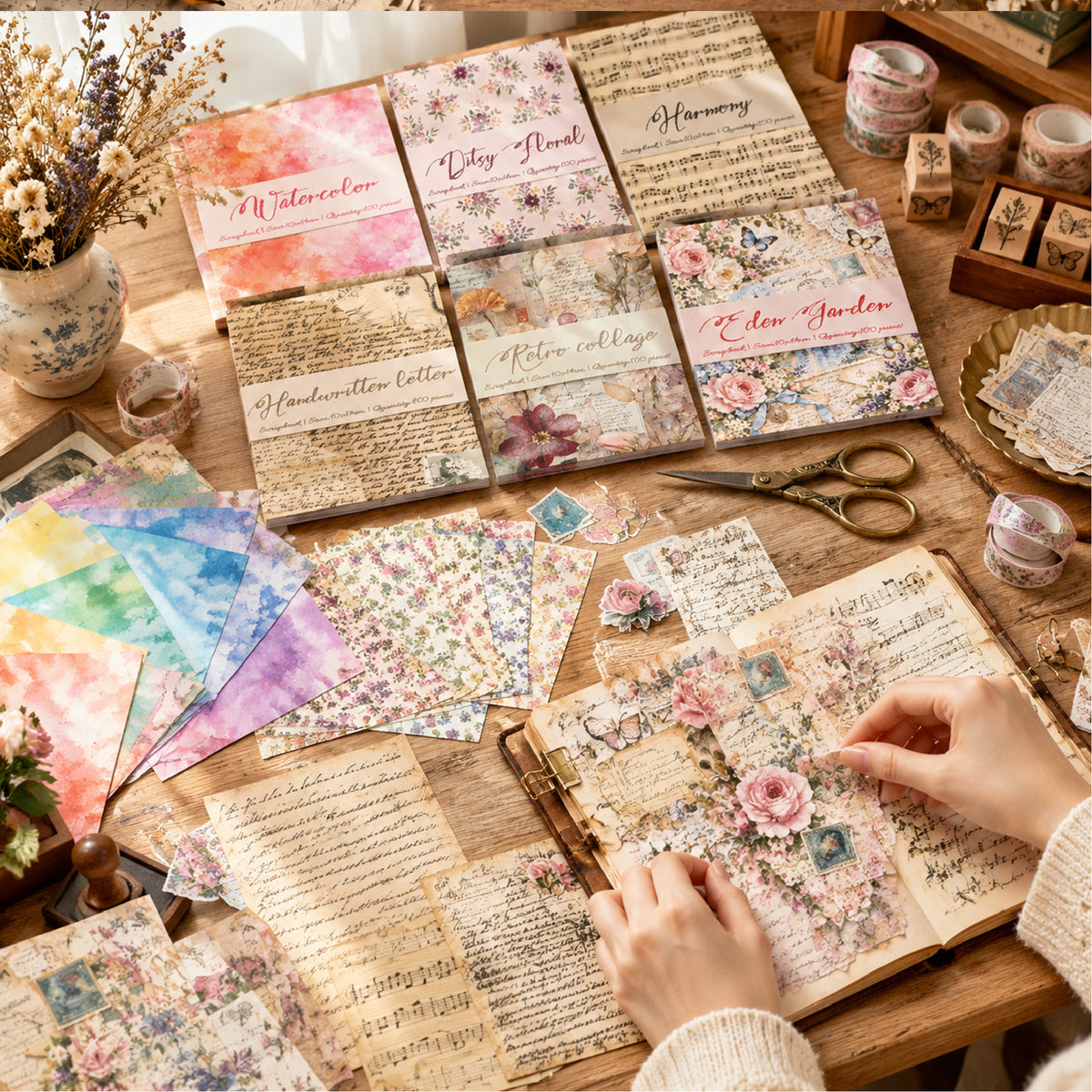 Vintage Scrapbook Paper 100 Sheets/Pack – 6 Styles Decorative Background Paper