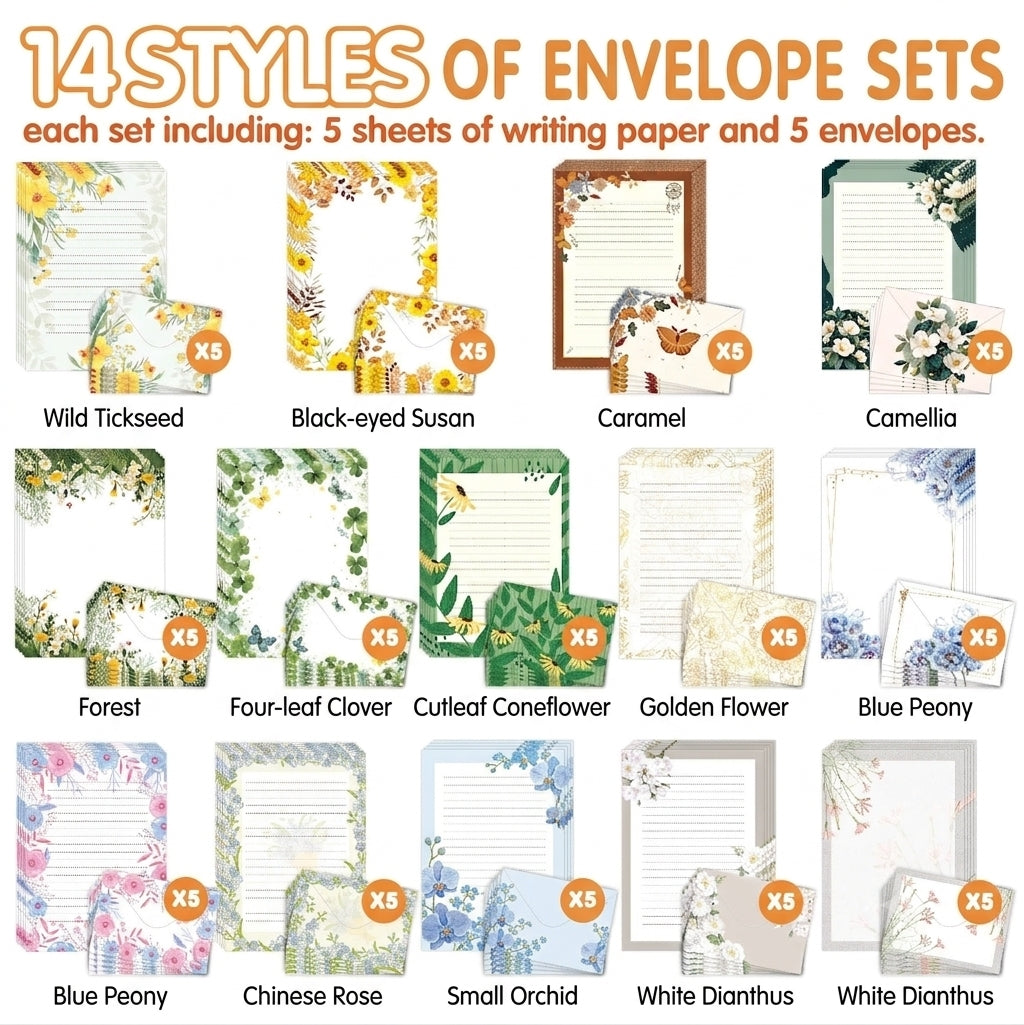 Vintage Floral Letter Writing Paper and Envelopes Set – 10pcs/Set(5 Papers + 5 Envelopes), 14 Styles Optional