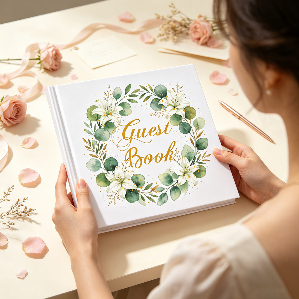 Wedding Guest Book – Linen Cover with Gold Foil Lettering, Also Suitable for Birthday & Parties
