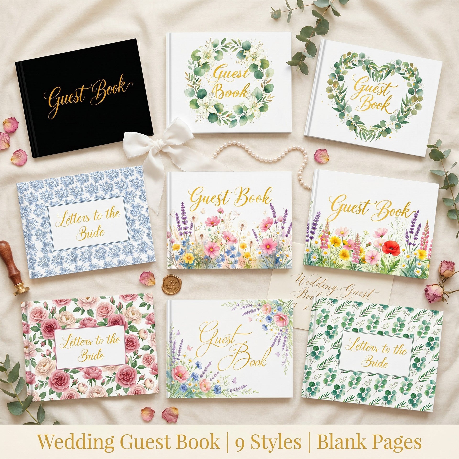 Wedding Guest Book – Linen Cover with Gold Foil Lettering, Also Suitable for Birthday & Parties