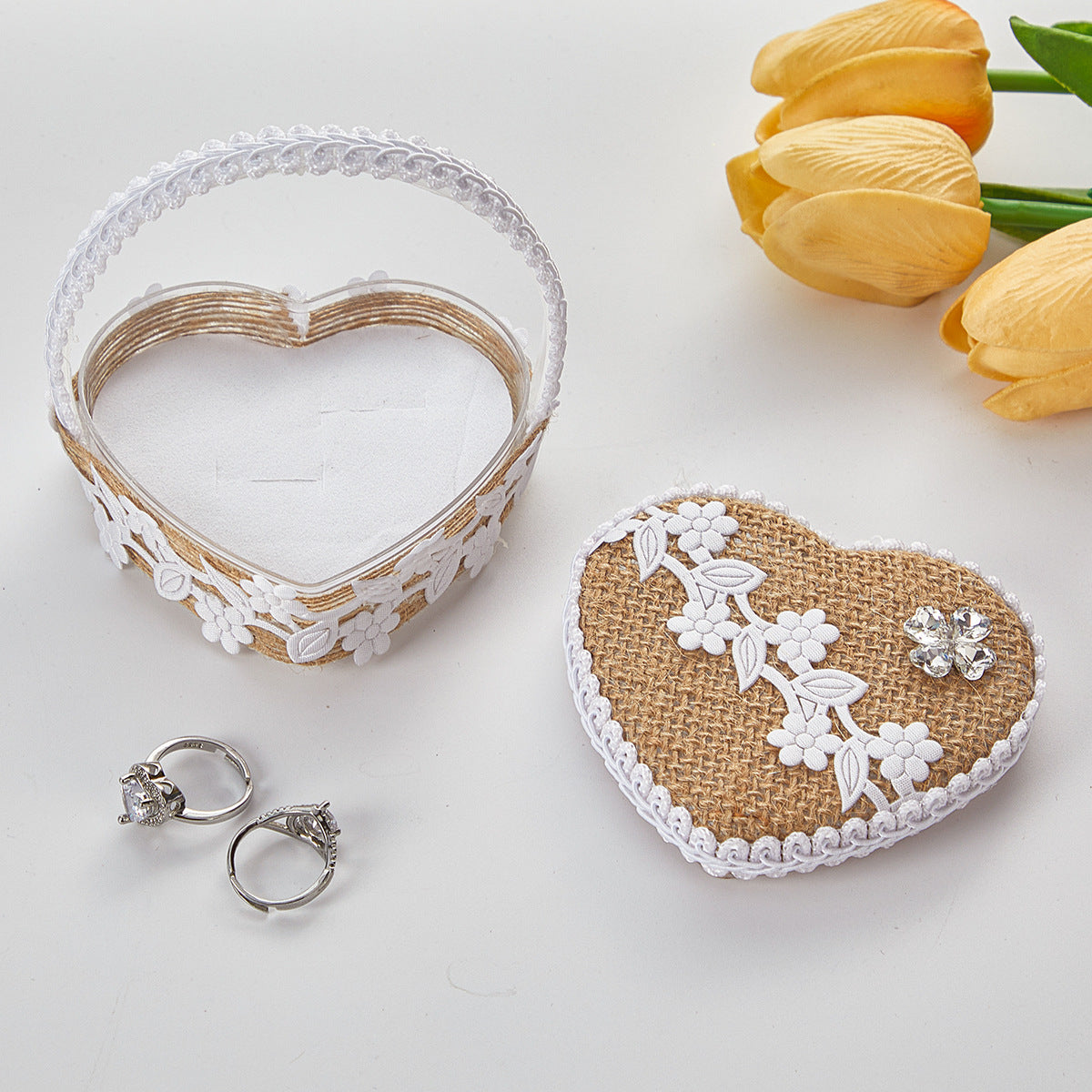 Handheld Burlap Heart-Shaped Ring Box – Western-Style Wedding Ring Pillow for Flower Girls / Valentine's Day Proposal Ring Box