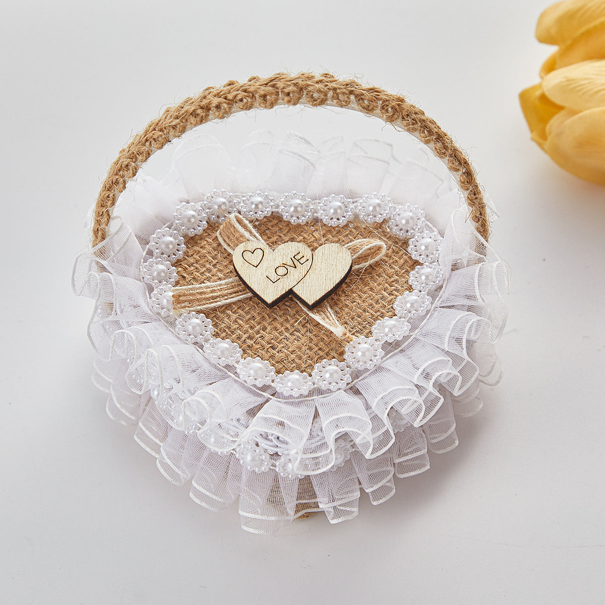 Handheld Burlap Heart-Shaped Ring Box – Western-Style Wedding Ring Pillow for Flower Girls / Valentine's Day Proposal Ring Box