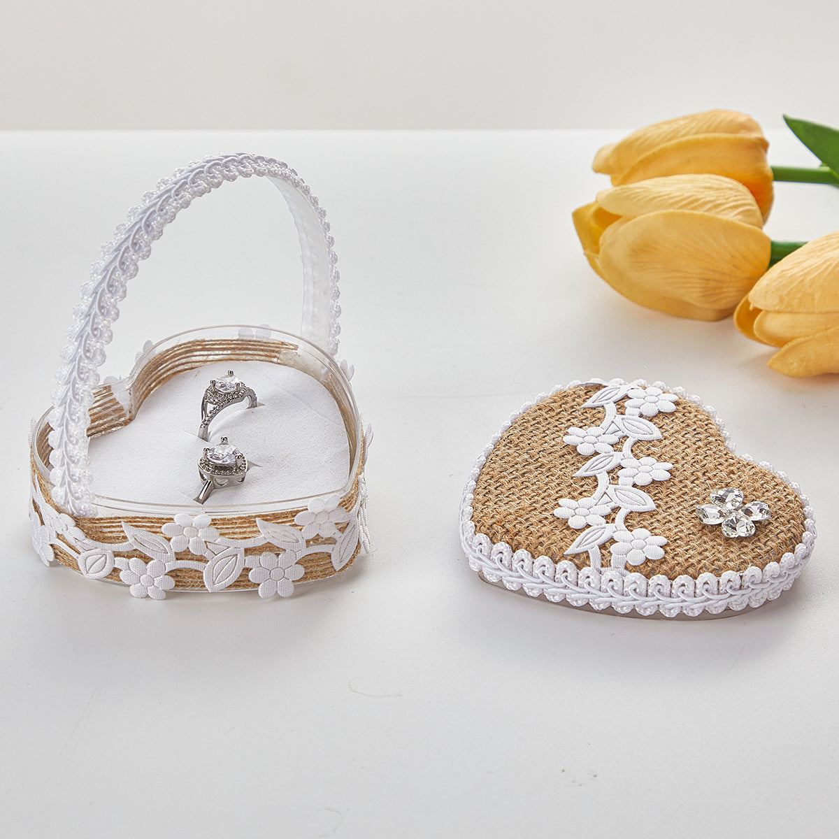 Handheld Burlap Heart-Shaped Ring Box – Western-Style Wedding Ring Pillow for Flower Girls / Valentine's Day Proposal Ring Box