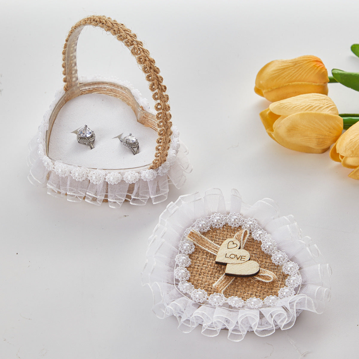 Handheld Burlap Heart-Shaped Ring Box – Western-Style Wedding Ring Pillow for Flower Girls / Valentine's Day Proposal Ring Box