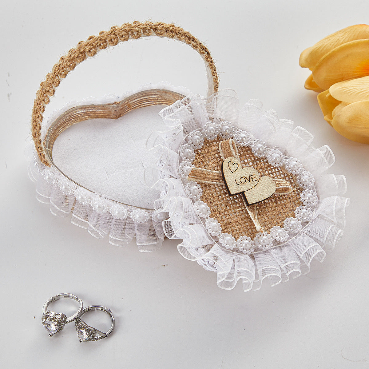 Handheld Burlap Heart-Shaped Ring Box – Western-Style Wedding Ring Pillow for Flower Girls / Valentine's Day Proposal Ring Box