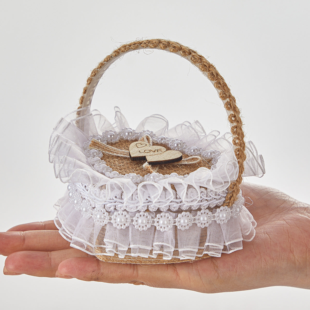 Handheld Burlap Heart-Shaped Ring Box – Western-Style Wedding Ring Pillow for Flower Girls / Valentine's Day Proposal Ring Box