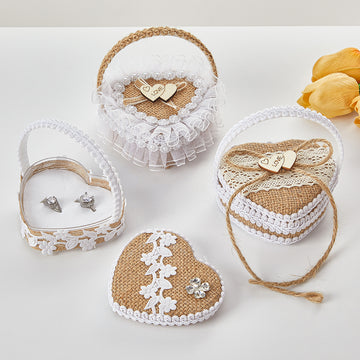 Handheld Burlap Heart-Shaped Ring Box – Western-Style Wedding Ring Pillow for Flower Girls / Valentine's Day Proposal Ring Box