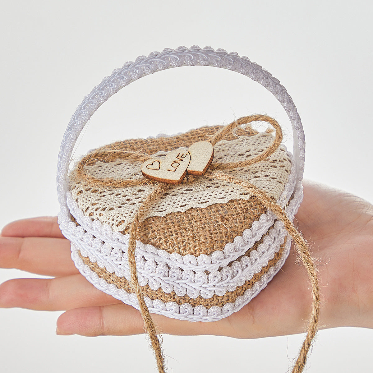Handheld Burlap Heart-Shaped Ring Box – Western-Style Wedding Ring Pillow for Flower Girls / Valentine's Day Proposal Ring Box