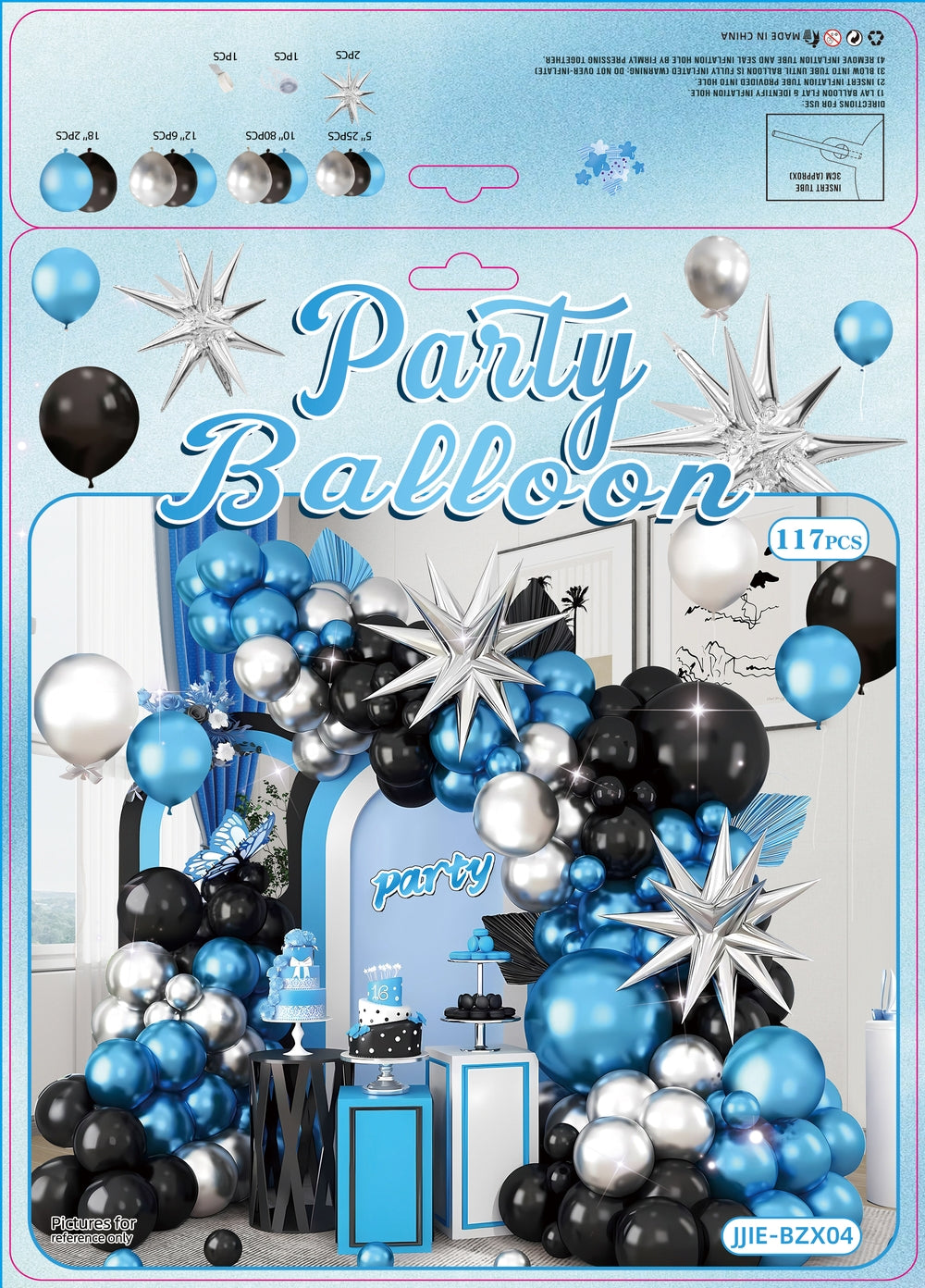 All-in-One Black Silver Blue Birthday Decoration Kit with Balloon Garland, 32-Inch Number Balloons, Happy Birthday Banner & Cake Topper Party Set