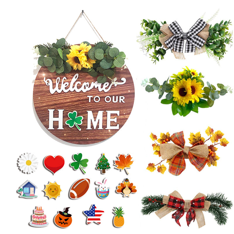 Interchangeable Seasonal Welcome Sign for Front Door, 12” Rustic Farmhouse Wreath Wall Decor, Housewarming Gift for New Home