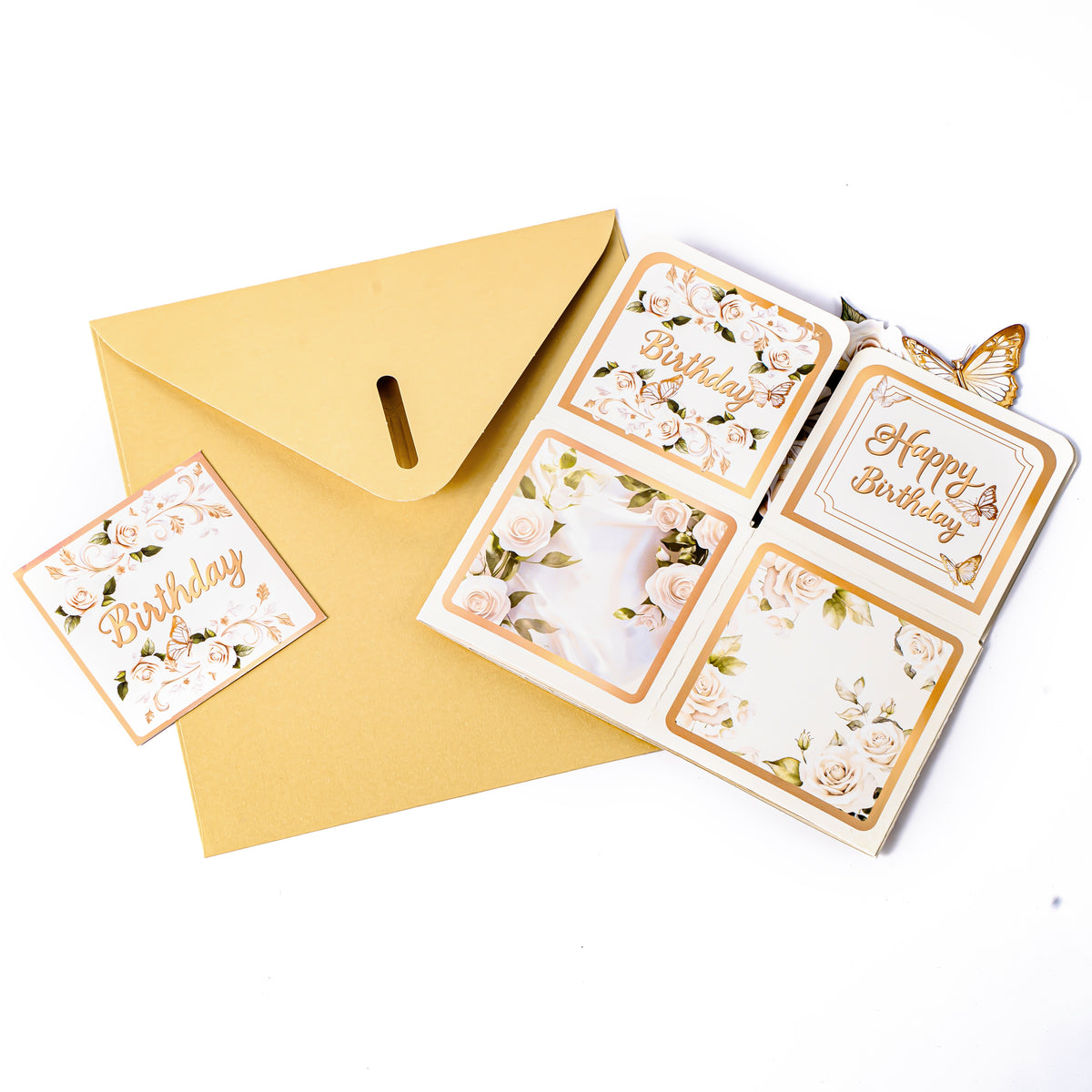 3D Pop-Up Gold Foil White Butterflies Happy Birthday Card Featuring Yellow/ Gold Butterflies and Roses