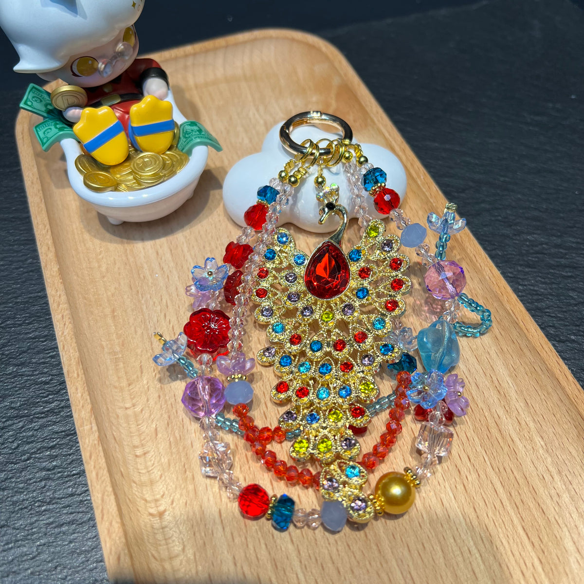Hand‑made Peacock Rhinestone Crystal Beaded Phone Charm, Vintage Ethnic Layered Bead Keychain Pendant, Luxury Bohemian Bag Hanging Ornament For Women