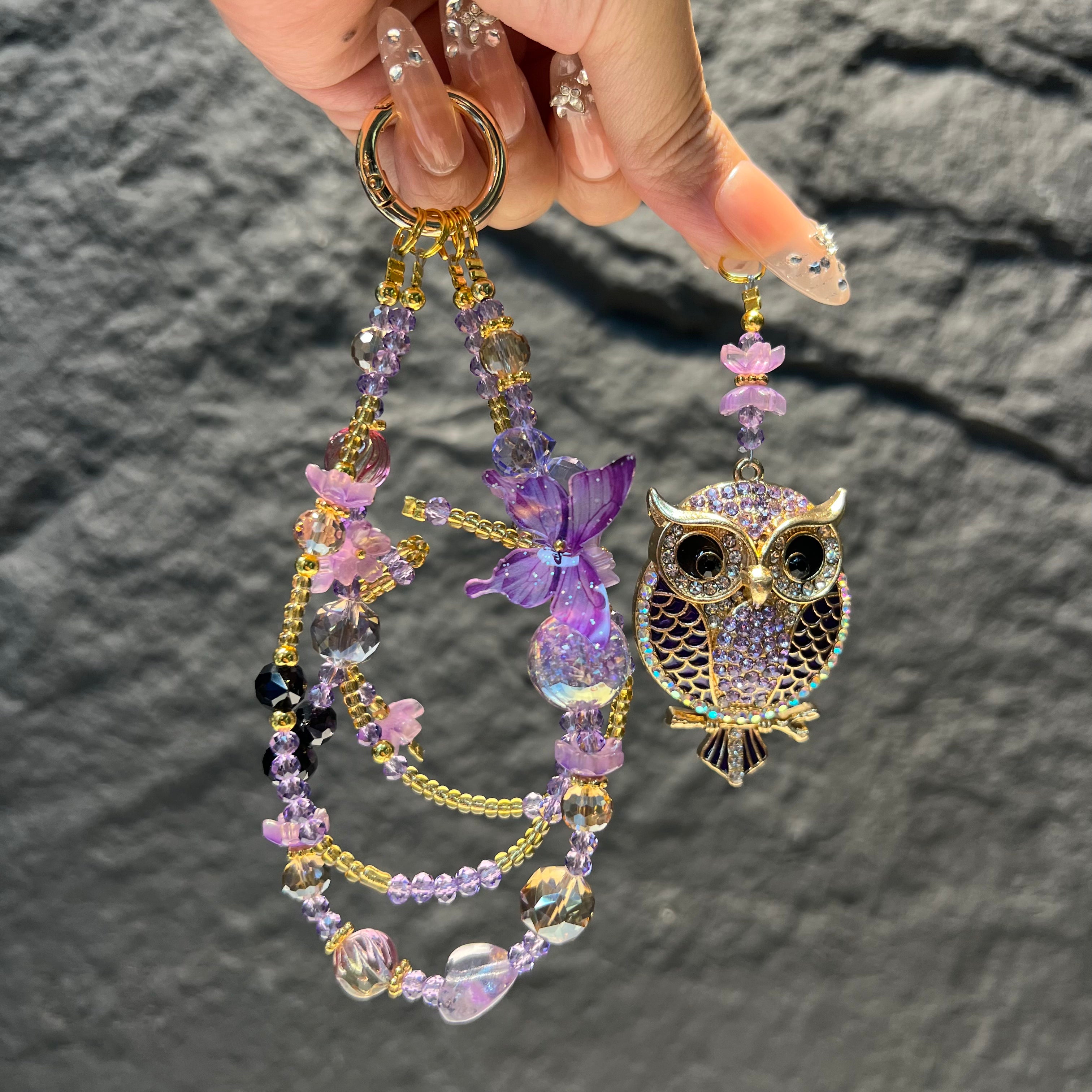 Rhinestone Owl Pendant Beaded Phone Wrist Strap, Multi‑Layer Handmade Crystal Bead Cellphone Lanyard, Luxury Flower Beads Keychain Bag Hanging Charm for Women