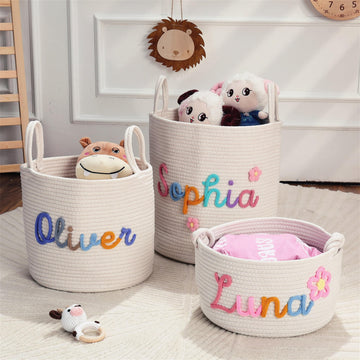 Personalized Baby Name Basket: Custom Baby Shower Gift Basket, Cotton Rope Nursery Storage Organizer