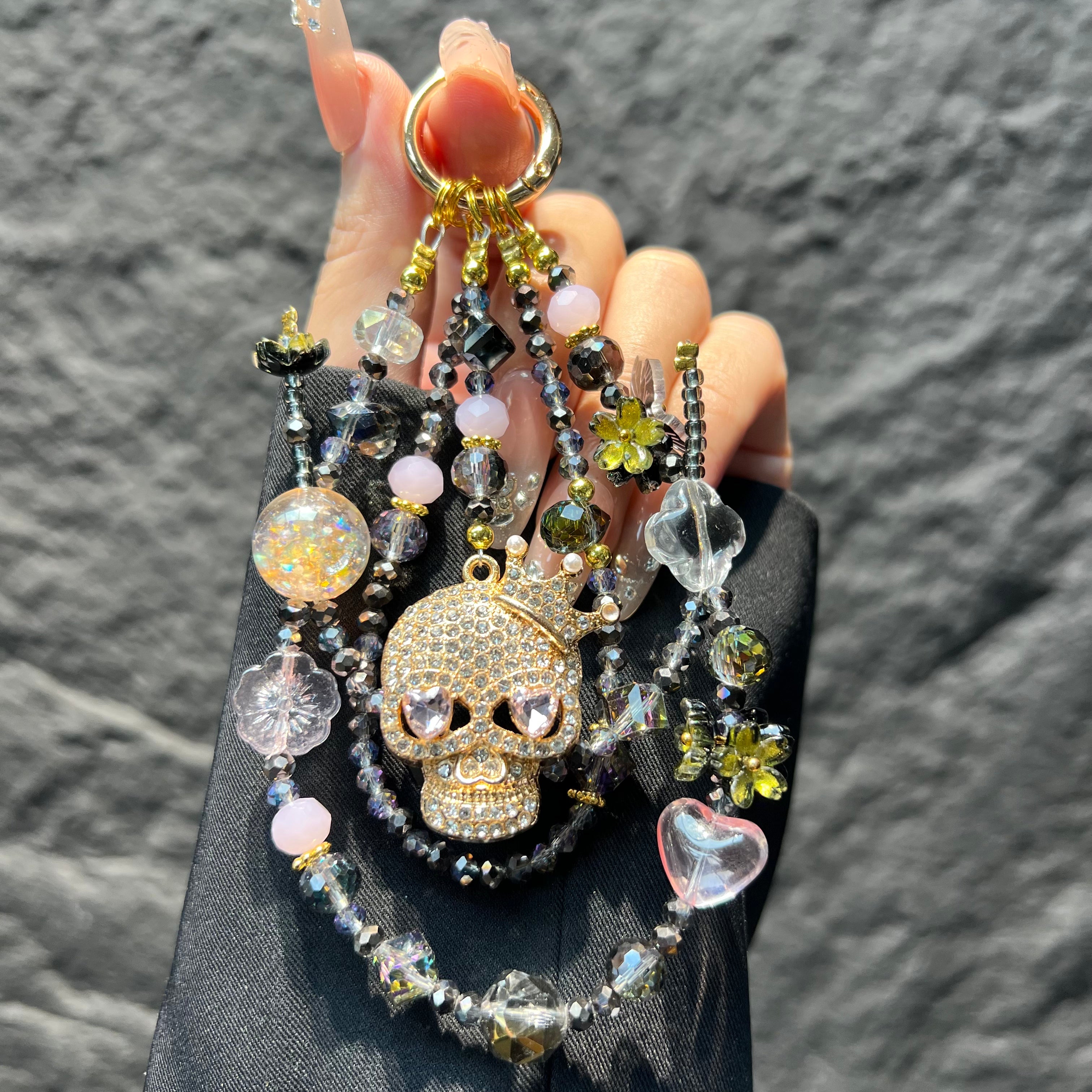 Handmade Layered Beaded Phone Case Charm, Rhinestone Witch Black Cat Pendant Gothic Spooky‑Season Halloween Bag Keychain Gift For Women