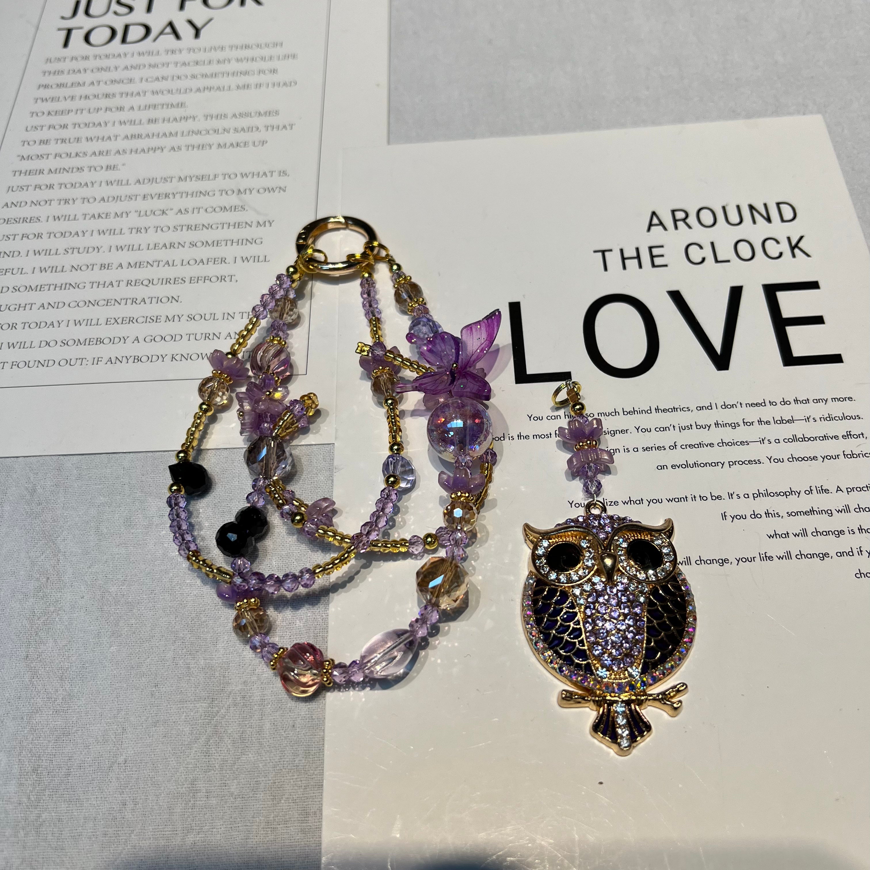 Rhinestone Owl Pendant Beaded Phone Wrist Strap, Multi‑Layer Handmade Crystal Bead Cellphone Lanyard, Luxury Flower Beads Keychain Bag Hanging Charm for Women