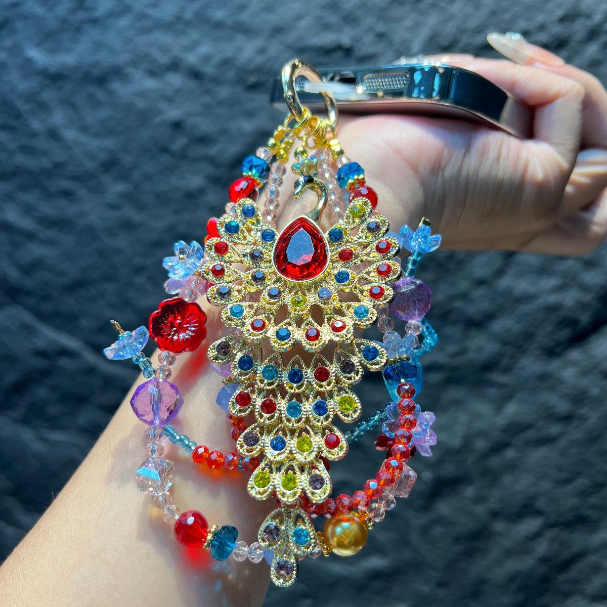 Hand‑made Peacock Rhinestone Crystal Beaded Phone Charm, Vintage Ethnic Layered Bead Keychain Pendant, Luxury Bohemian Bag Hanging Ornament For Women