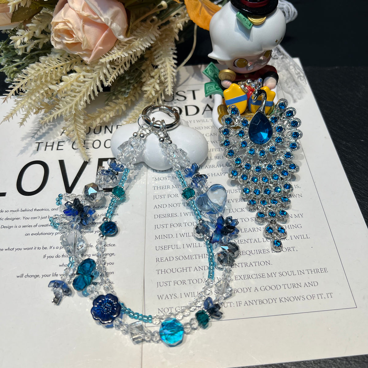 Hand‑made Peacock Rhinestone Crystal Beaded Phone Charm, Vintage Ethnic Layered Bead Keychain Pendant, Luxury Bohemian Bag Hanging Ornament For Women